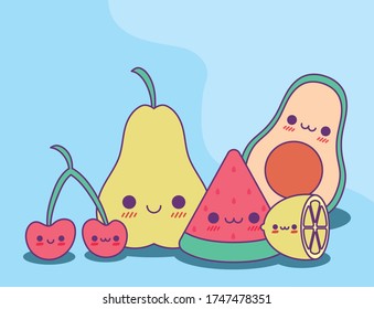 fruits cartoons design, Kawaii food cute character emoticon theme Vector illustration