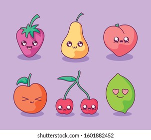 Fruits cartoons icon set design, Kawaii expression cute character funny and emoticon theme Vector illustration