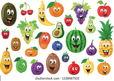 Fruits Characters Collection: Set of 26 different fruits in cartoon style Vector illustration