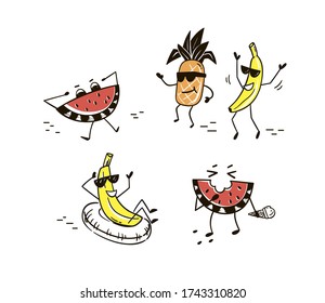 Fruits characters design. Summer activities. Watermelon, pineapple and banana. Vector illustration.
