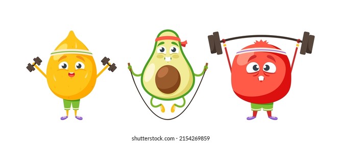 Fruits Characters Lemon, Avocado and Garnet Sport Exercises. Funny Sportsmen Personages for Kids Menu, Vitamin Food, Healthy Lifestyle, Workout and Gym Training. Cartoon Vector Illustration