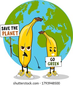 Personajes de frutas con carteles y afiches en huelga por el cambio climático. los plátanos que sostienen su afiche con texto salvan el planeta y se vuelven verdes. Copiar espacio. Plantilla para cualquier texto proecológico