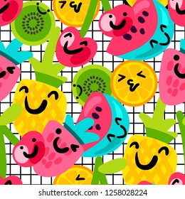 Fruits characters seamless vector pattern. Grid background with smiling kiwis, oranges, strawberries