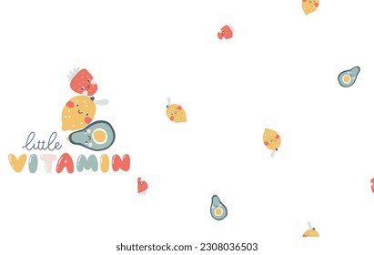 Fruits characters with smiley face funny inscription. Little Vitamin. Set with seamless pattern. Hand-drawn cartoon doodle in simple naive style. Vector illustrations for kids. Isolate cute fruit