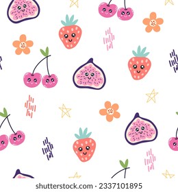 Fruits characters with smiley face funny inscription. Cartoon trendy fruits, strawberries, cherries, figs. Creative texture for fabric, packaging, textiles, wallpaper, clothing. Vector illustration