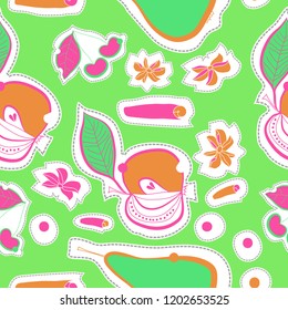 Fruits cherries, apples, pears, cinnamon, star anise, motif, spots, leaves, dashed lines, labels  seamless pattern. Hand drawn.