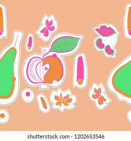 Fruits cherries, apples, pears, cinnamon, star anise, motif, spots, leaves, dashed lines, labels  seamless pattern. Hand drawn.