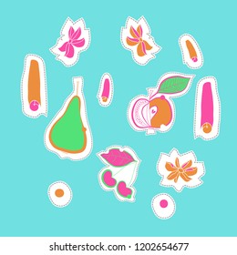 Fruits cherries, apples, pears, cinnamon, star anise, motif, spots, leaves, dashed lines, labels. Hand drawn.