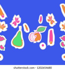 Fruits cherries, apples, pears, cinnamon, star anise, motif, spots, leaves, dashed lines, labels seamless pattern. Hand drawn.