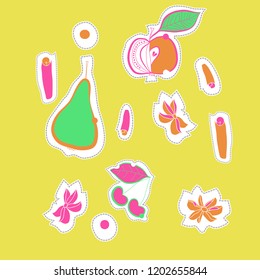 Fruits cherries, apples, pears, cinnamon, star anise, motif, spots, leaves, dashed lines, labels. Hand drawn.
