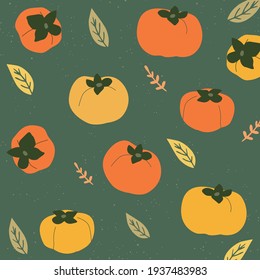 Fruits in Chinese. persimmon seamless pattern. Autumn orange food fabric design in hand-drawn style. 