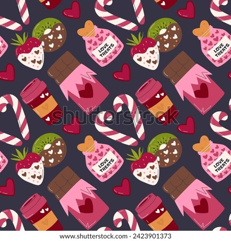 Fruits in chocolate fresh dessert. Valentine's food seamless pattern decor design. Two candy canes making heart shape. Coffee cup and chocolate bar hand drawn flat vector illustration isolated on dark 商業照片 © 