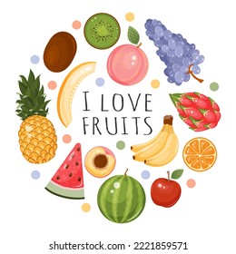 Frutas en forma de círculo. Piña, sandía, melón, uva, kiwi, plátanos. Ilustración vectorial de alimentos. Aislado en blanco. Estilo de caricatura.