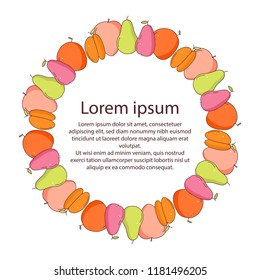 Fruits in the circle on white background. There is place for your text in the center. Vintage fruits for your design. Vector background.