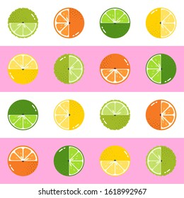 Fruits Citrus diversely vector pattern with duotone horizontal stripes background