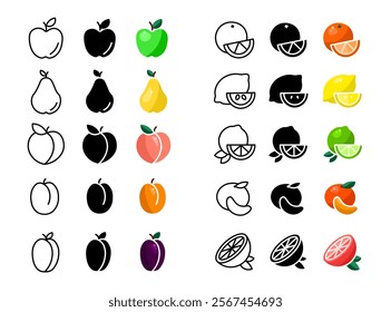 Fruits and citrus icon set. Plum pictogram. Apple and pear sign. Peach and apricot symbol. Lemon, lime, orange and tangerine citrus illustration.