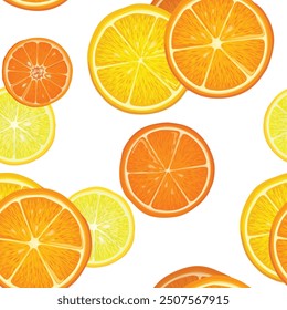 Fruits citrus pattern. Fresh slice orange, lemon, lime, grapefruit, mandarin peices over white background with leaves. Seamless texture. Vector colorful dessert food.