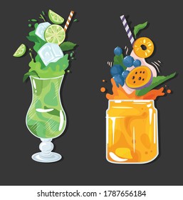 fruits cocktails icons highly detailed