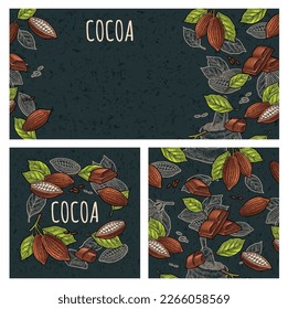 Fruits of cocoa with leaves and beans. Chocolate piece, bar and shave. Vector vintage color engraving illustration and seamless pattern. Isolated on dark background. Hand drawn design element