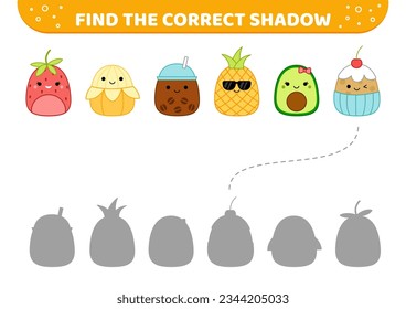 Fruits, coffee, cupcake. Find the correct shadow. Shadow matching game. Flat, cartoon. Isolated vector illustration eps 10