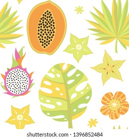 Fruits collage seamless pattern. Monstera, palm leaves, carambola, papaya, pitahaya, dragon fruit, exotic flowers set. Tropical trendy vector background.