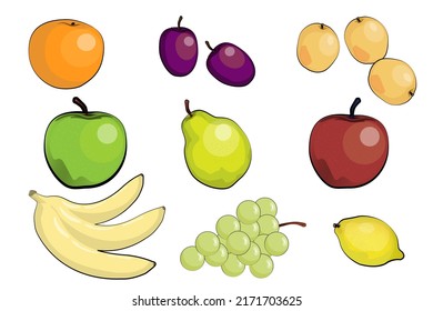 Fruits collection - cute colorful vector illustration template with different types of fruits and vegetables. Orange, pear, apples, grape, banana, apricot, lemon