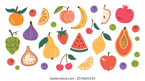 Fruits collection. Different fruits and berries. Organic vitamins and healthy nutrition. Flat design. Vector