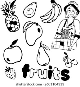 Fruits collection in doodle style. Vector illustration. Farmer with box of fruits. Health food. black and white. Fresh organic set 