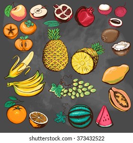  Fruits collection. Drawn vector illustration, vector-colored, easily editable. Design elements for advertising shops, restaurants, menu, farm fairs. Chalkboard background.