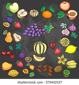  Fruits collection. Drawn vector illustration, vector-colored, easily editable. Design elements for advertising shops, restaurants, menu, farm fairs. Chalkboard background.