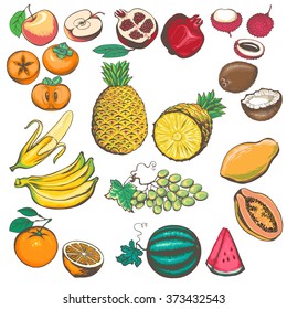  Fruits collection. Drawn vector illustration, vector-colored, easily editable. Design elements for advertising shops, restaurants, menu, farm fairs.