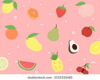 Fruits collection in flat simple pattern hand drawn background style.