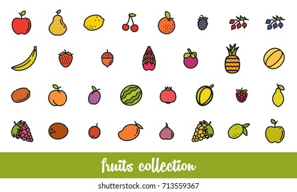 Fruits collection. Healthy vegetarian food. Vector icon set. Modern line style illustrations. Isolated background