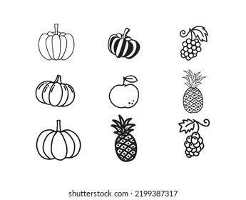 fruits collection line icon vector. line art hand drawing of pumpkins, grapes, pineapple