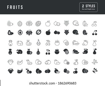 Fruits. Collection of perfectly simple monochrome icons for web design, app, and the most modern projects. Universal pack of classical signs for category Food and Drinks.