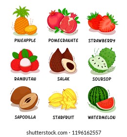Fruits, Fruits Collection, Pineapple, Pomegranate, Strawberry, Rambutan, Salak, Soursop, Sapodilla, Starfruit, Watermelon