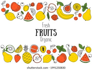 Fruits collection.  Scandinavian style. Hand drawn vector illustration. Minimalist design. Healthy organic food illustration.