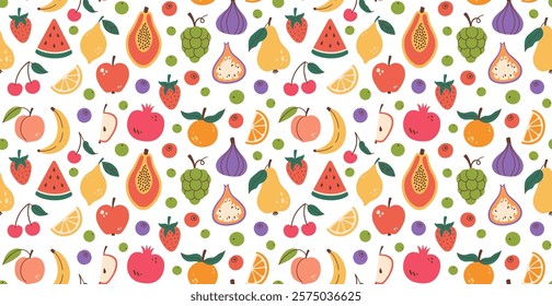 Fruits collection seamless pattern. Different fruits and berries. Hand drawn Organic vitamins and healthy nutrition texture. Flat design, doodle style. Vector illustration