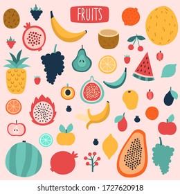 Fruits collection set (Lemon, Apple, Pear, Orange, Banana, Strawberry, Cherry). Fruits Cartoon Vector Illustration isolated on white background.