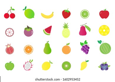 Fruits collection set (Pineapple ,Apple ,Lemon ,Orange ,Banana ,Watermelon ,Cherry ,Mangosteen ,Strawberry ,Mango ,Pear ,Grape ,Kiwi ,Blueberry ,Dragon fruit ,Pomegranate) isolated on white background