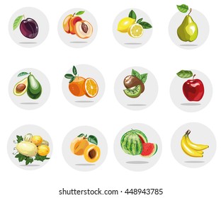 Fruits collection stock vector illustration. Fruits icons. Plum, apricot, watermelon, peach, pear, avocado, orange, kiwi, apple, banana, melon