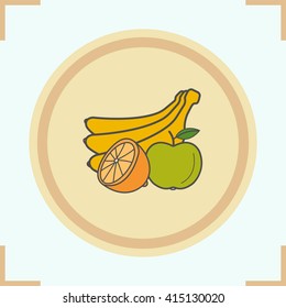 Fruits color icon. Bunch of bananas, halved lemon and green apple. Grocery store products. Vector isolated illustration