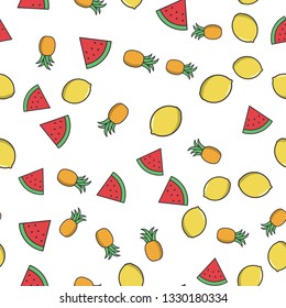 fruits color seamless pattern. filled vector fruits. watermelon, lemon, pineapple pattern