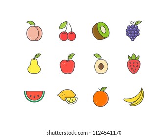 Fruits colored line icons set with peach, cherry, kiwi, grape, pear, apple, apricot, strawberry, watermelon, lemon, orange, banana.