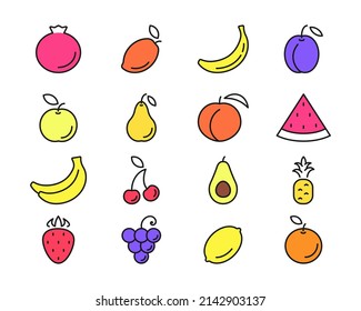 Fruits with colorful filling line art icons. Red raspberry with plum and tropical banana. Fresh mango with sweet strawberry and appetizing vector watermelon