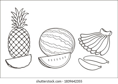 página de coloreado para niños de frutas tropicales; piña, sandía y plátano