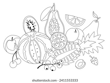 Fruits composition in black and white. Colored page background. Editable stroke