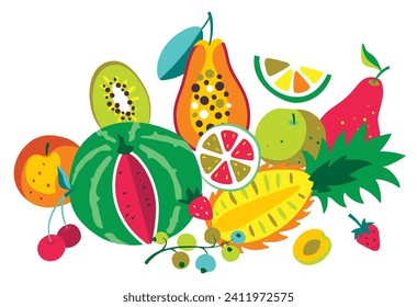 Fruits composition. Mango, orange, banana, pineapple, berry, strawberry, watermelon, kiwi, currant, grapefruit, pear, apple, peach