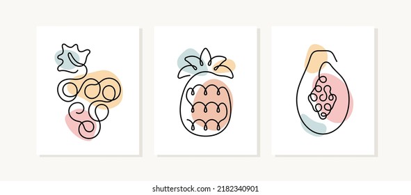 Fruits continuous line posters. Grapes, pineapple, papaya artistic illustration.