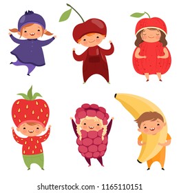 Fruits costumes. Carnival clothes for children. Funny kids in fruit fancy dresses wearing on white, vector illustration